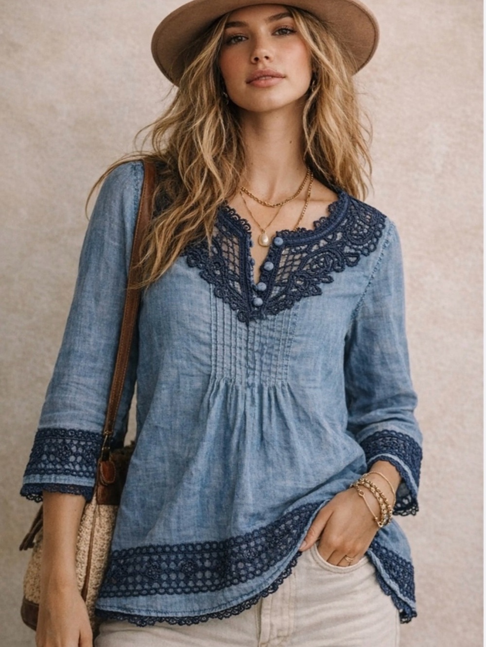 Anthropologie Holding Horses Denim & Lace Blend Chambray Festival Blouse Size 8